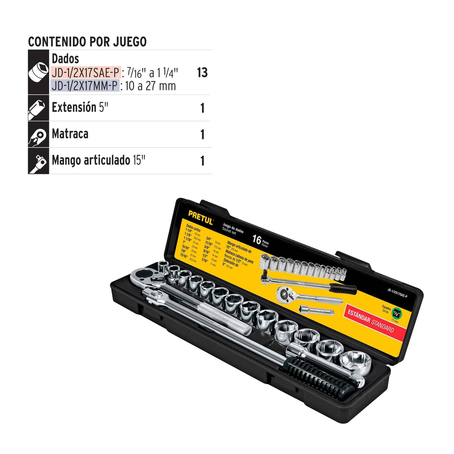 Juego de 16 herramientas 1/2" std para mecánico, Pretul - 21172